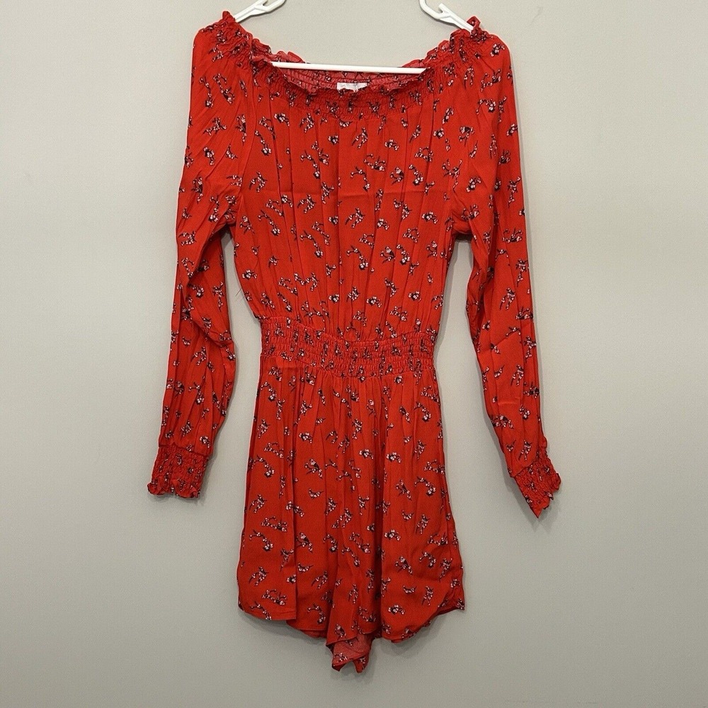Kendall & Kylie Romper Womens S Red Cherry Blossom Floral Smocked Off Shoulder